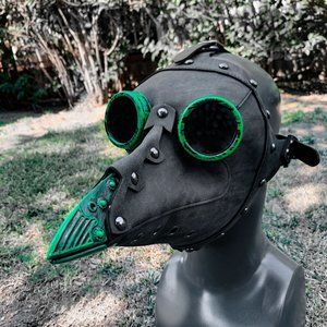 Grey Leather Plague Doctor with Green Goggles Masquerade Venetian Party Mask